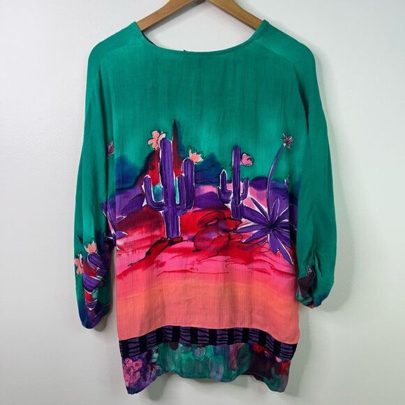 Carole Little Boho Southwestern Cactus Print Top Size L V-Neck‎ Oversized Artsy - Picture 8 of 12